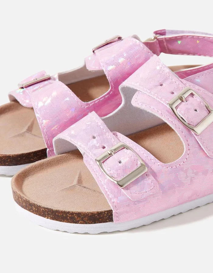 Accessorize Girls Holographic Double Buckle Sandals Pink Pink Girls Shoes