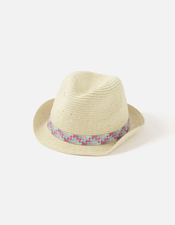 Accessorize Girls Rainbow Braid Sequin Trilby Hat Natural Natural Girls Accessories