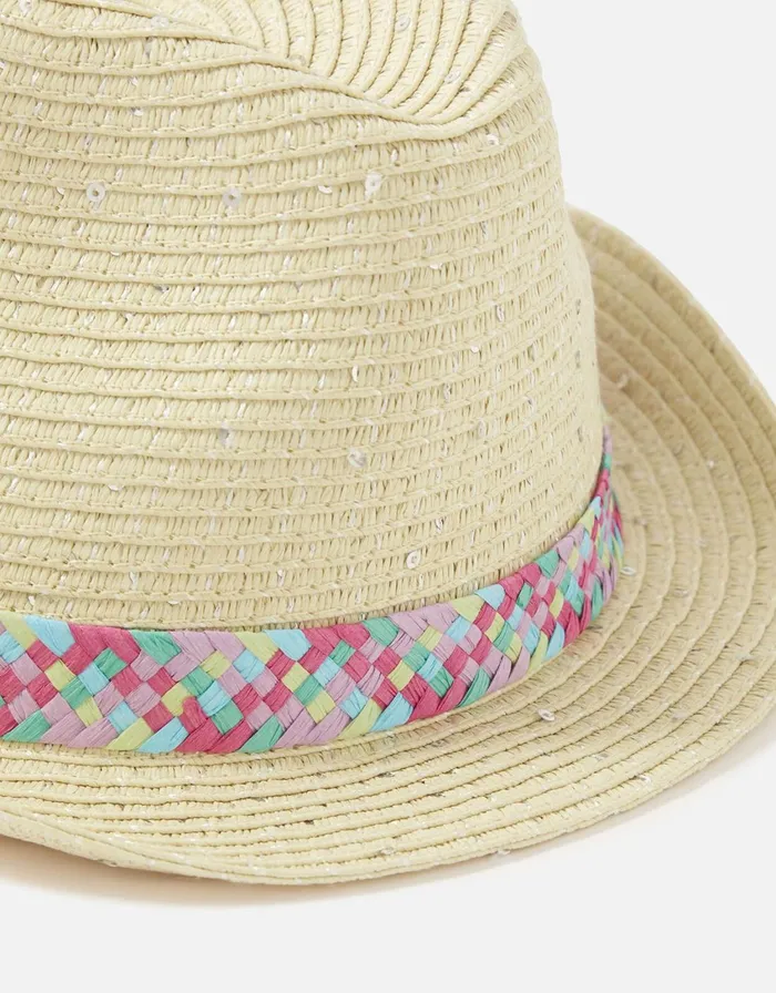 Accessorize Girls Rainbow Braid Sequin Trilby Hat Natural Natural Girls Accessories