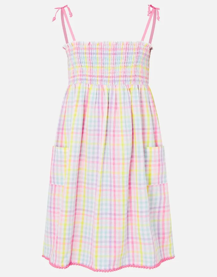 Accessorize Girls Rainbow Check Dress In Pure Cotton Multi Brightsmulti Girls Dresses