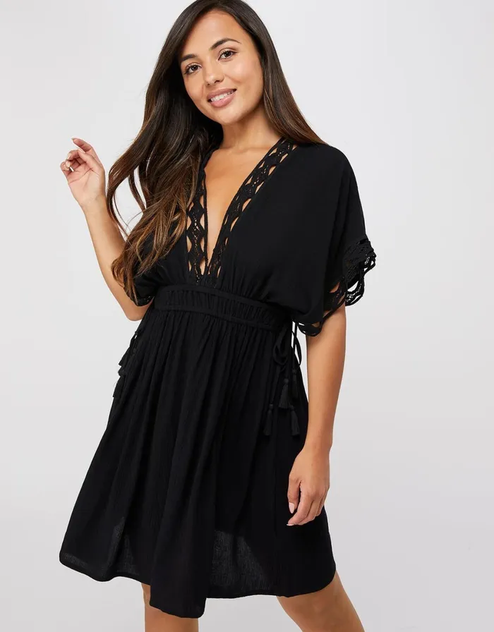 Accessorize Lace Trim Crinkle Kaftan Black Black Women Kaftans Cover Ups and Sarongs