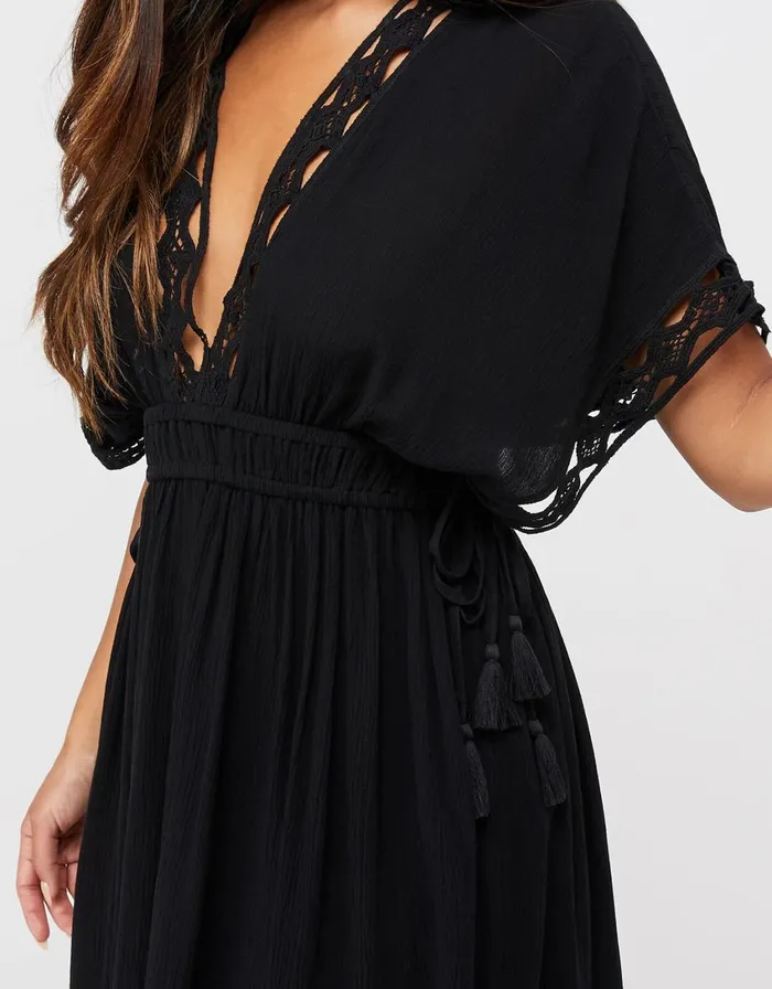 Accessorize Lace Trim Crinkle Kaftan Black Black Women Kaftans Cover Ups and Sarongs