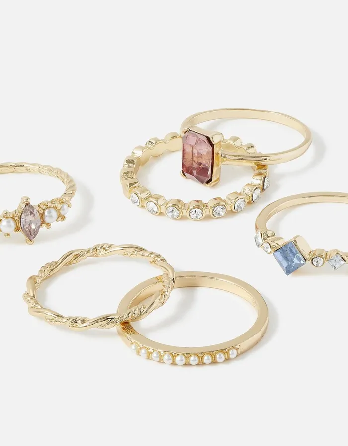 Accessorize Pearl And Crystal Stacking Ring Set Pink Pink Women Rings