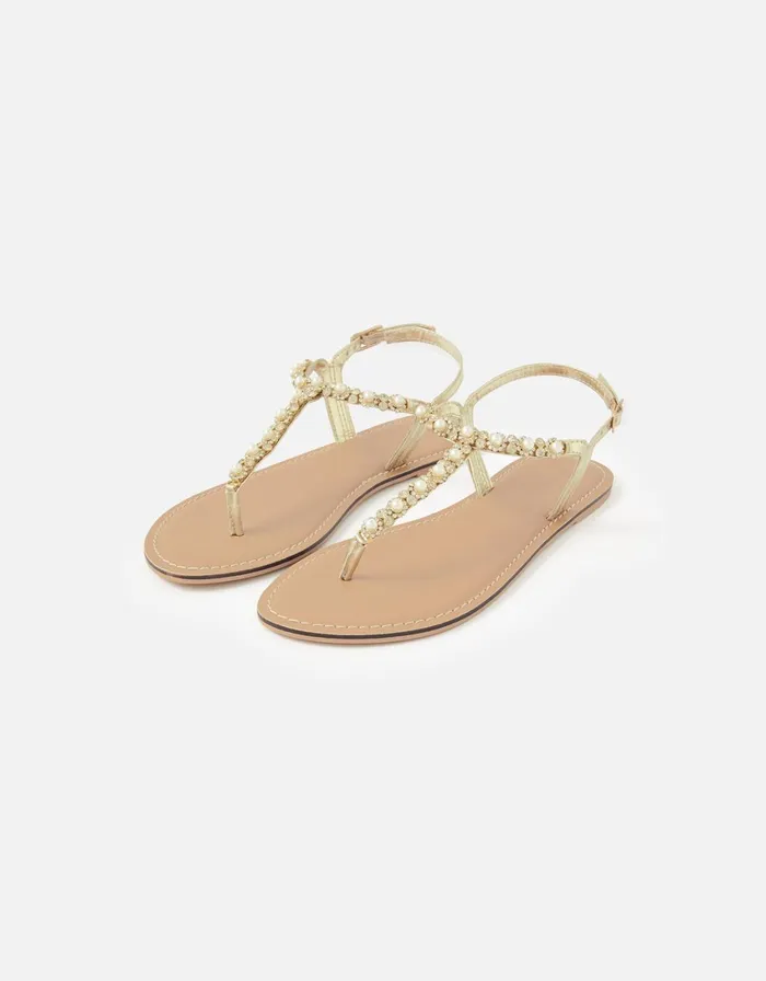Accessorize Pearl Embellished Strap Sandals Natural Ivory Women Sandals and Flip Flops