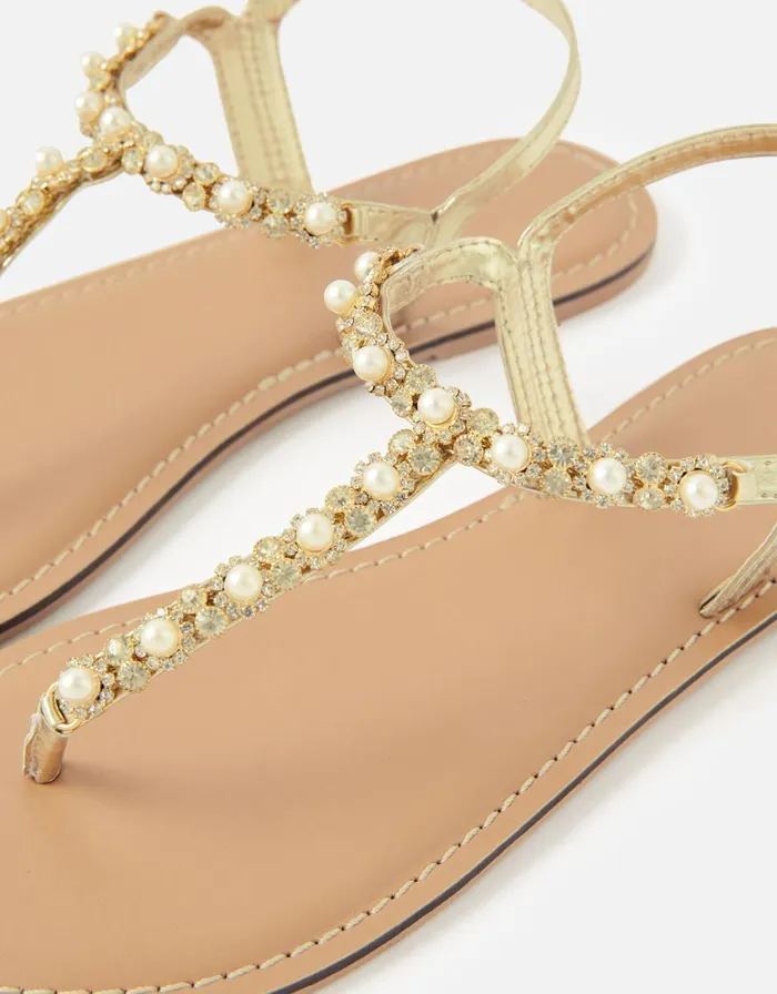 Accessorize Pearl Embellished Strap Sandals Natural Ivory Women Sandals and Flip Flops
