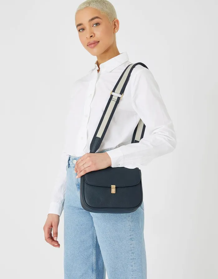 Accessorize Webbing Leather Saddle Bag Blue Navy Women Leather Bags