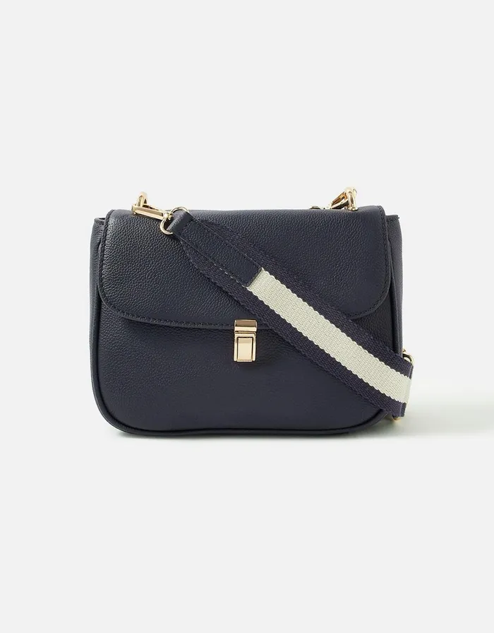 Accessorize Webbing Leather Saddle Bag Blue Navy Women Leather Bags