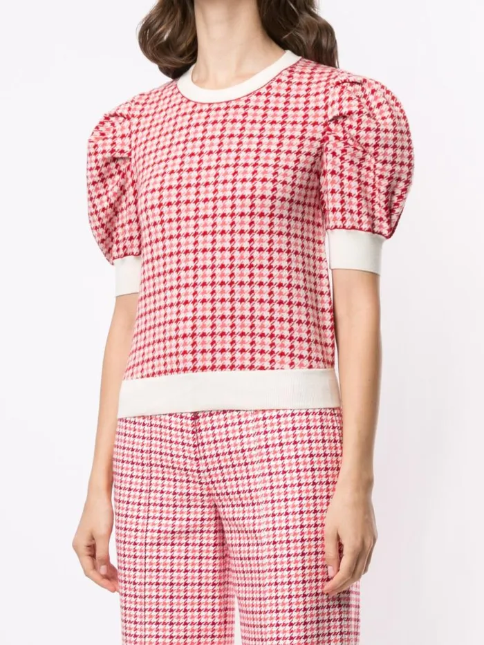 Adam Lippes Sweaters Puff Sleeve Sweater In Merino Jacquard Houndstooth Multi Pink 8211 Women