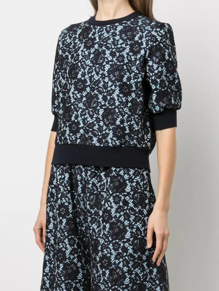 Adam Lippes Sweaters Short Sleeve Sweatshirt In Lace Bonded Jersey Navy Light Blue 8211 Women