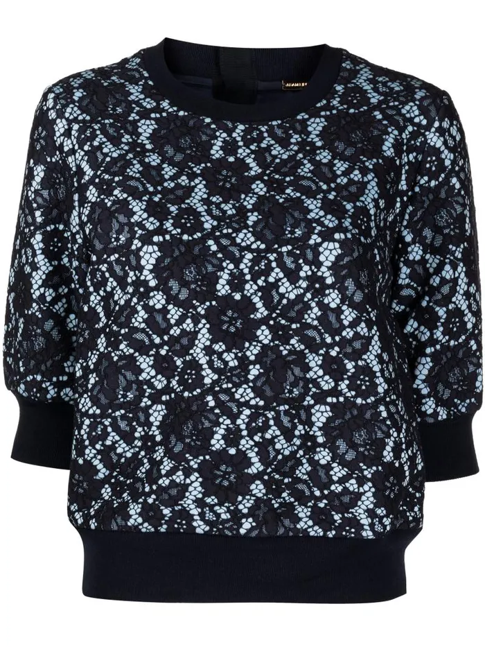 Adam Lippes Sweaters Short Sleeve Sweatshirt In Lace Bonded Jersey Navy Light Blue 8211 Women