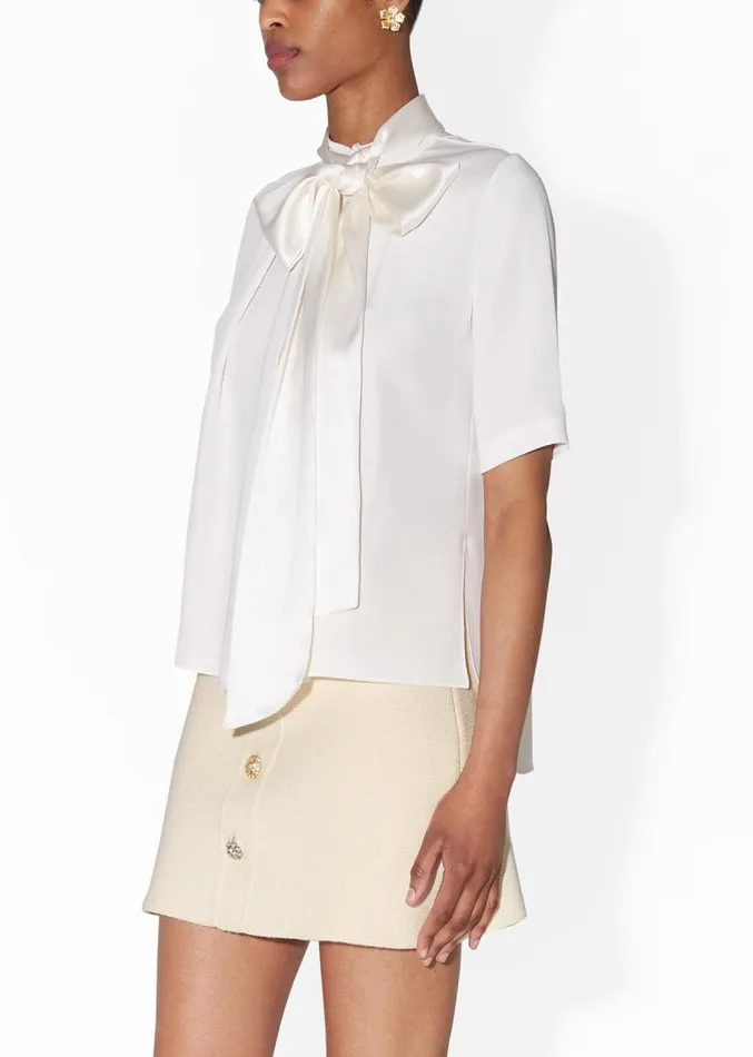 Adam Lippes Tops Pleat Neck Blouse In Silk Crepe Ivory 8211 Women