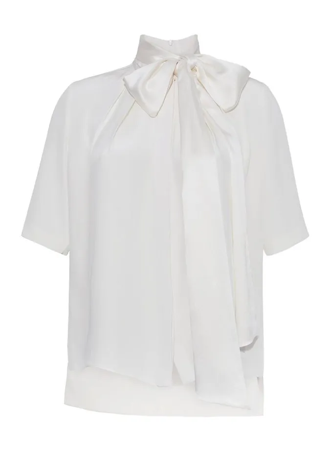 Adam Lippes Tops Pleat Neck Blouse In Silk Crepe Ivory 8211 Women