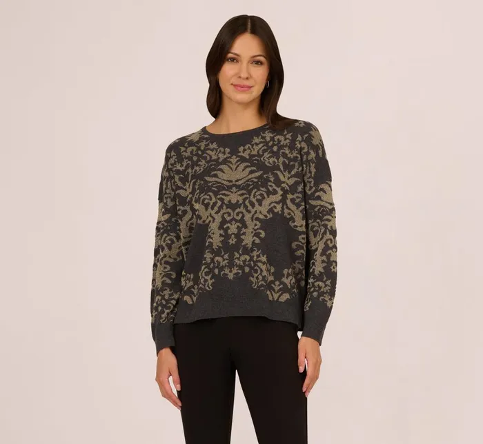 Adrianna Papell Coord Sets Drop Shoulder Metallic Knit Sweater In Slate Grey Gold 8211 Women