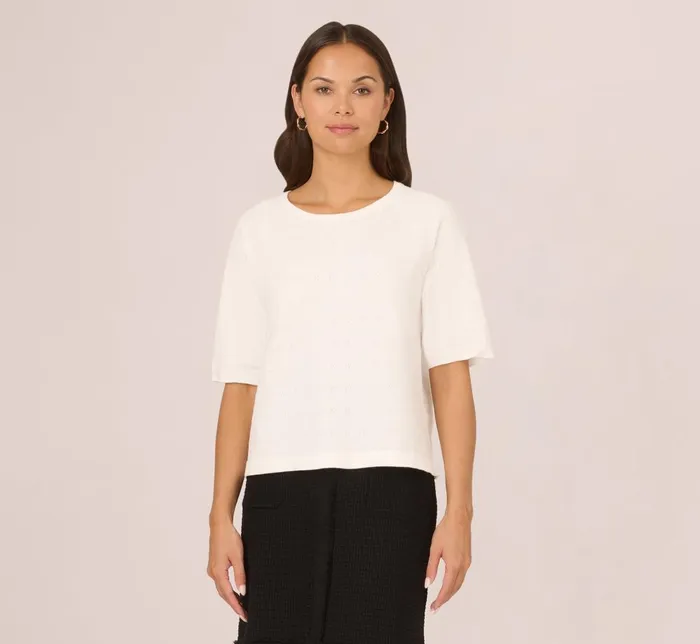 Adrianna Papell Coord Sets Short Sleeve Pointelle Sweater With Crew Neckline In Ivory 8211 Women Adrianna Papell Coord Sets Short Sleeve Pointelle Sweater With Crew Neckline In Ivory 8211 Women