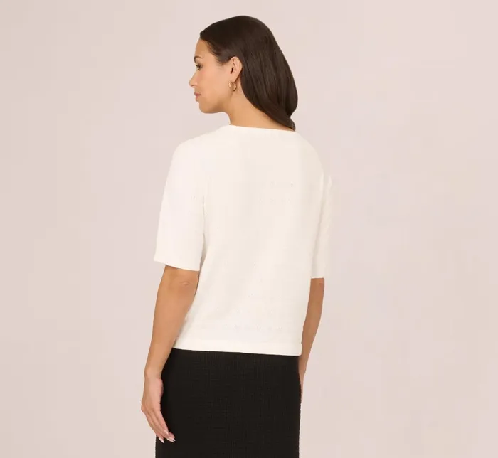 Adrianna Papell Coord Sets Short Sleeve Pointelle Sweater With Crew Neckline In Ivory 8211 Women