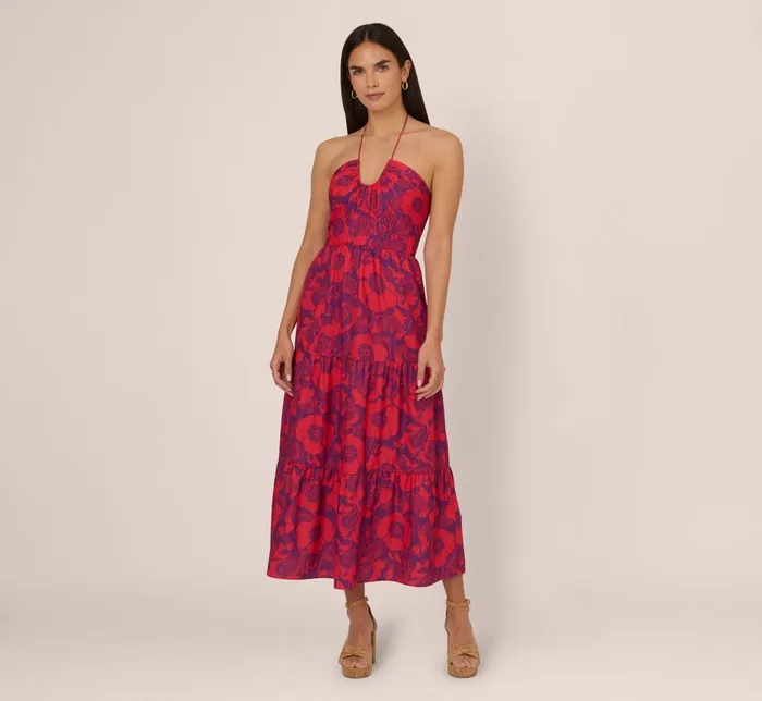 Adrianna Papell Day Dresses Abstract Flower Print Maxi Dress With Halter Neckline In Purple Red 8211 Women Adrianna Papell Day Dresses Abstract Flower Print Maxi Dress With Halter Neckline In Purple Red 8211 Women