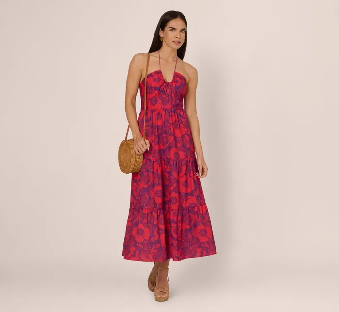 Adrianna Papell Day Dresses Abstract Flower Print Maxi Dress With Halter Neckline In Purple Red 8211 Women