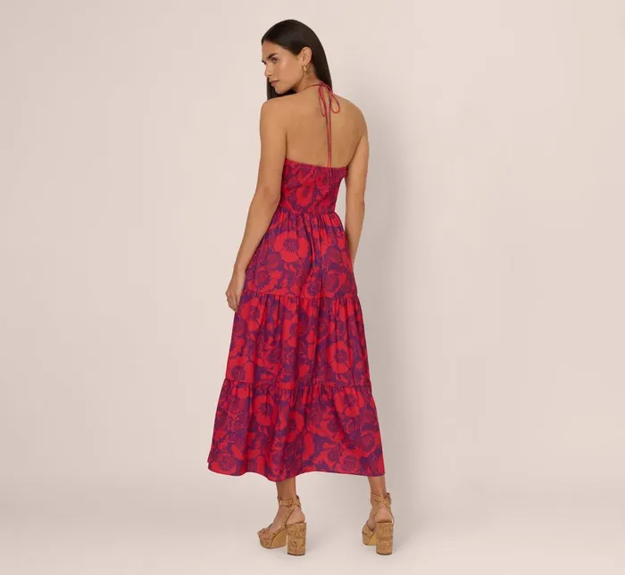 Adrianna Papell Day Dresses Abstract Flower Print Maxi Dress With Halter Neckline In Purple Red 8211 Women