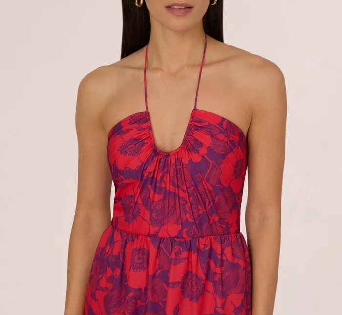 Adrianna Papell Day Dresses Abstract Flower Print Maxi Dress With Halter Neckline In Purple Red 8211 Women