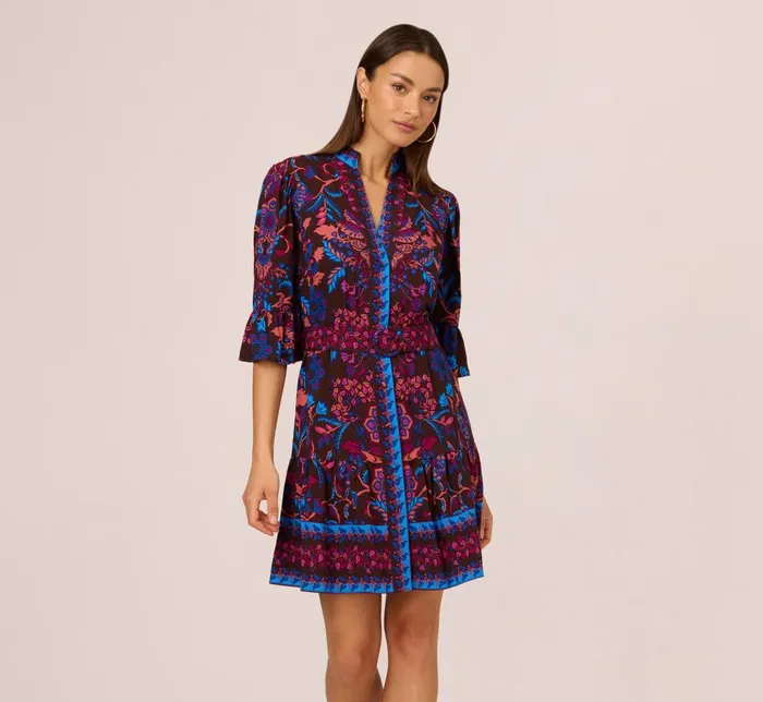 Adrianna Papell Day Dresses Abstract Print Button Down Dress With Three Quarter Bell Sleeves In Brown Multi 8211 Women