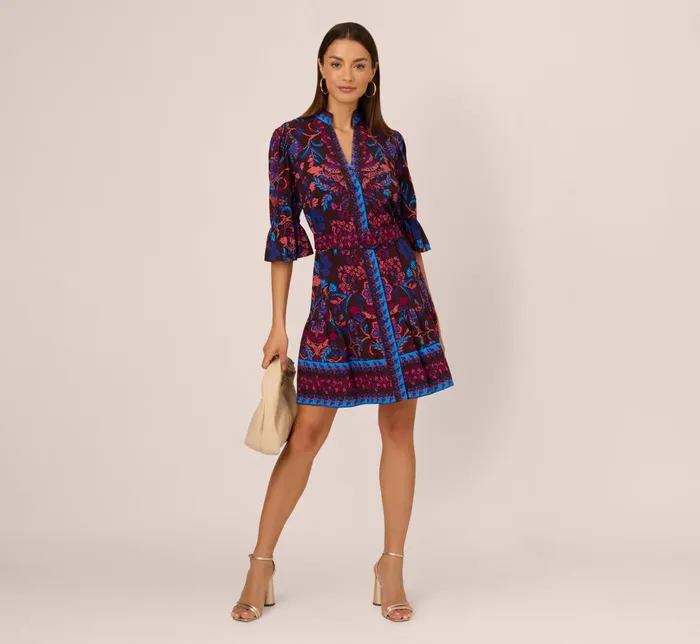 Adrianna Papell Day Dresses Abstract Print Button Down Dress With Three Quarter Bell Sleeves In Brown Multi 8211 Women
