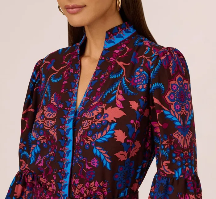 Adrianna Papell Day Dresses Abstract Print Button Down Dress With Three Quarter Bell Sleeves In Brown Multi 8211 Women
