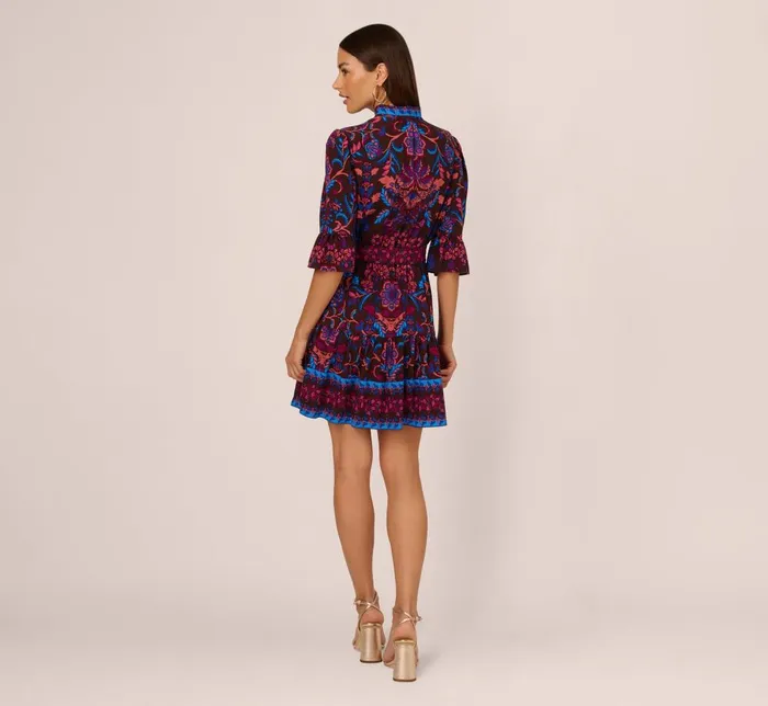 Adrianna Papell Day Dresses Abstract Print Button Down Dress With Three Quarter Bell Sleeves In Brown Multi 8211 Women