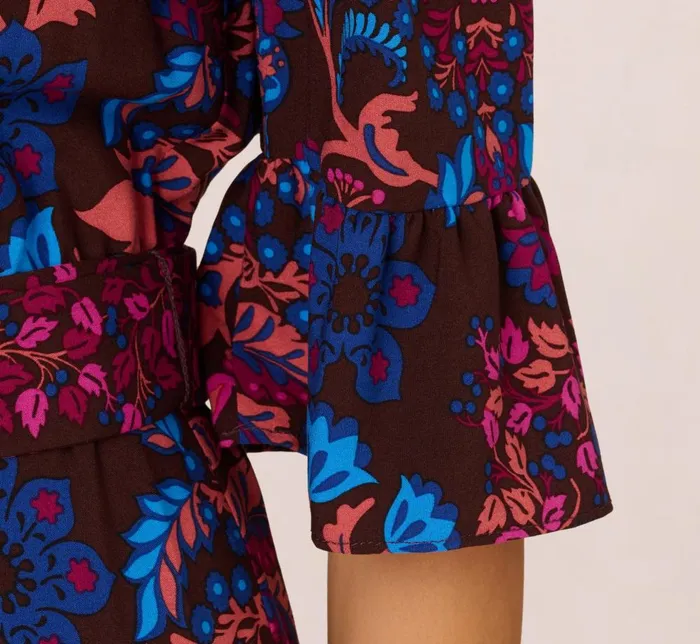 Adrianna Papell Day Dresses Abstract Print Button Down Dress With Three Quarter Bell Sleeves In Brown Multi 8211 Women