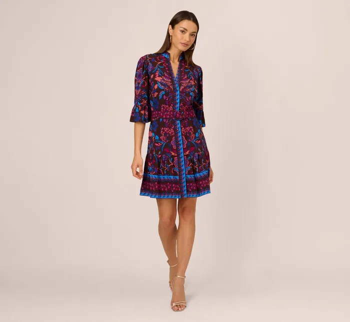 Adrianna Papell Day Dresses Abstract Print Button Down Dress With Three Quarter Bell Sleeves In Brown Multi 8211 Women