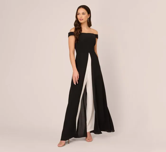 Adrianna Papell Day Dresses Colorblock Off The Shoulder Wide Leg Jumpsuit In Black Ivory 8211 Women