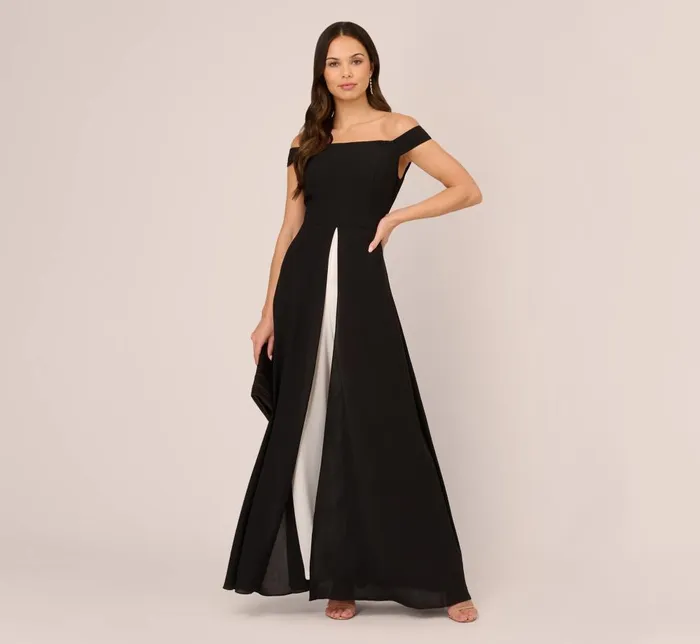Adrianna Papell Day Dresses Colorblock Off The Shoulder Wide Leg Jumpsuit In Black Ivory 8211 Women