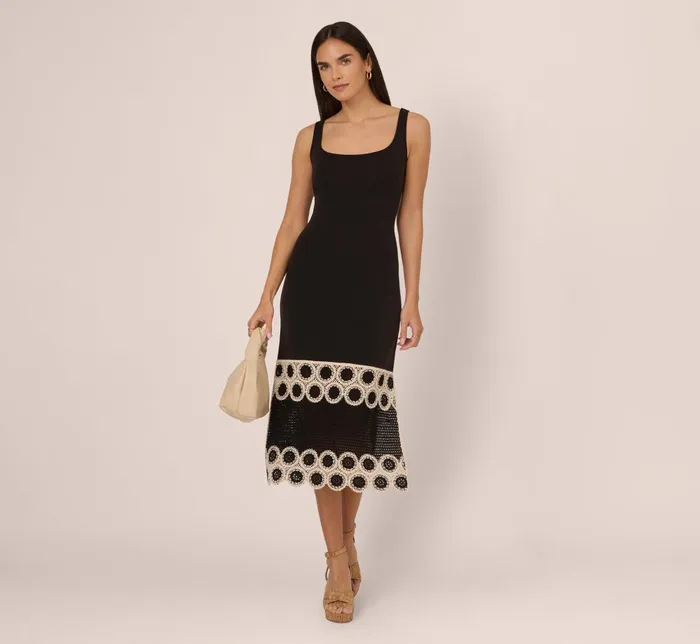 Adrianna Papell Day Dresses Crochet Trimmed Sheath Midi Dress With Tank Straps In Black Ecru 8211 Women
