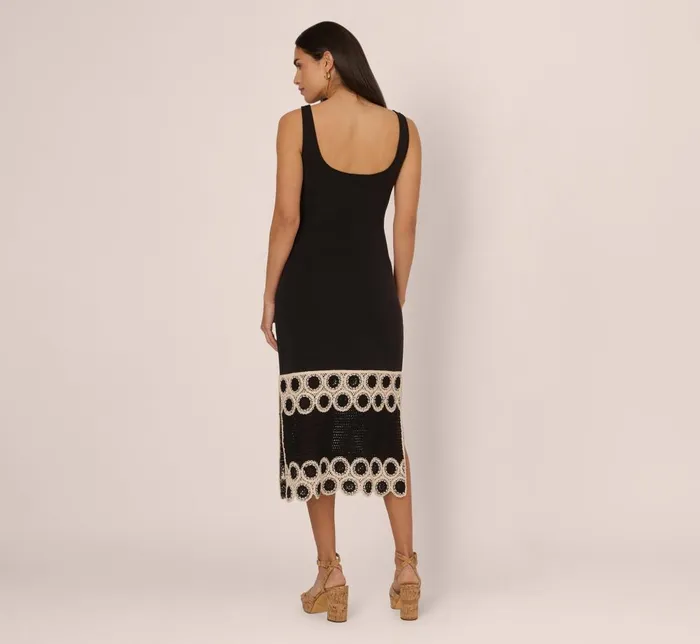 Adrianna Papell Day Dresses Crochet Trimmed Sheath Midi Dress With Tank Straps In Black Ecru 8211 Women