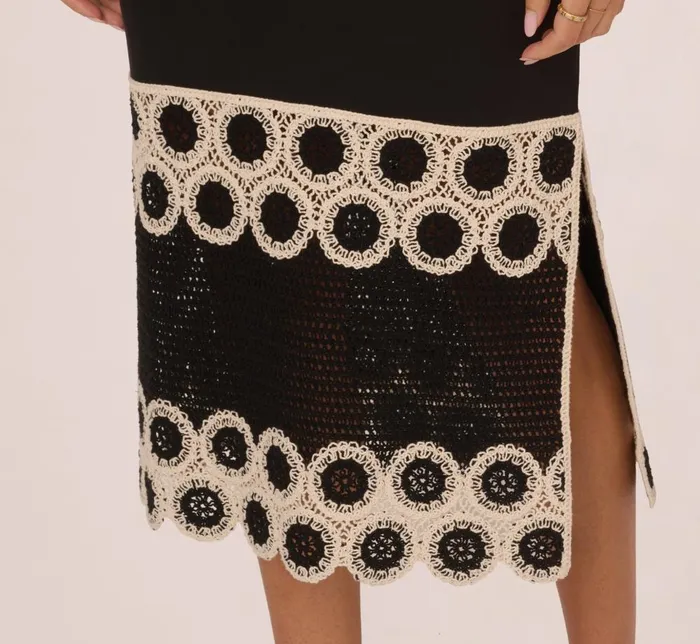Adrianna Papell Day Dresses Crochet Trimmed Sheath Midi Dress With Tank Straps In Black Ecru 8211 Women