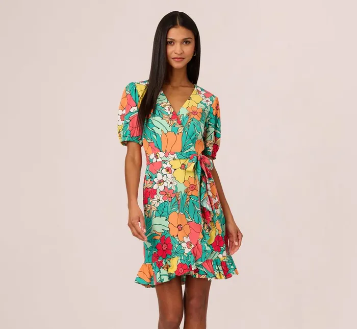 Adrianna Papell Day Dresses Drawn Floral Print Faux Wrap Dress With Short Sleeves In Aqua Coral Multi 8211 Women Adrianna Papell Day Dresses Drawn Floral Print Faux Wrap Dress With Short Sleeves In Aqua Coral Multi 8211 Women