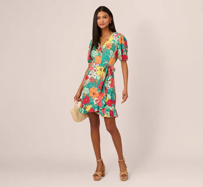 Adrianna Papell Day Dresses Drawn Floral Print Faux Wrap Dress With Short Sleeves In Aqua Coral Multi 8211 Women
