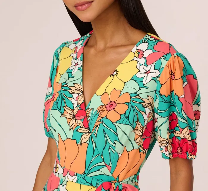 Adrianna Papell Day Dresses Drawn Floral Print Faux Wrap Dress With Short Sleeves In Aqua Coral Multi 8211 Women