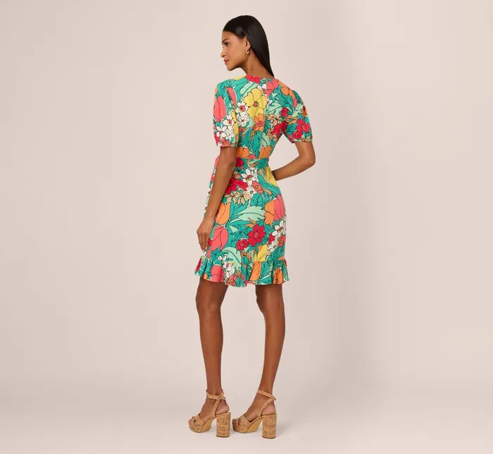 Adrianna Papell Day Dresses Drawn Floral Print Faux Wrap Dress With Short Sleeves In Aqua Coral Multi 8211 Women