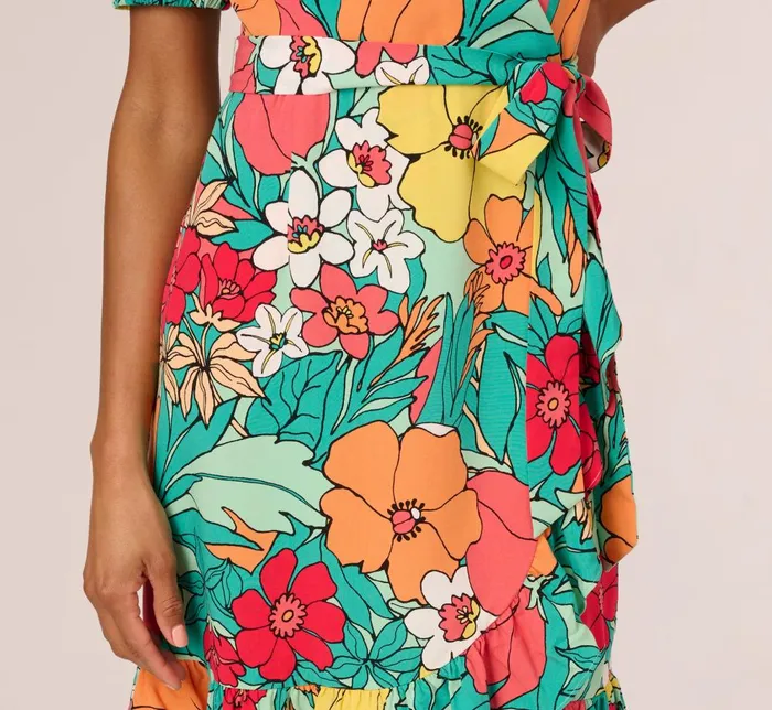 Adrianna Papell Day Dresses Drawn Floral Print Faux Wrap Dress With Short Sleeves In Aqua Coral Multi 8211 Women