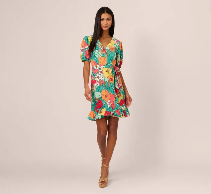 Adrianna Papell Day Dresses Drawn Floral Print Faux Wrap Dress With Short Sleeves In Aqua Coral Multi 8211 Women