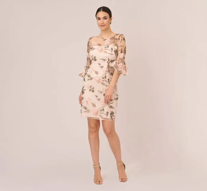 Adrianna Papell Day Dresses Floral Embroidered Bell Sleeve Sheath Dress In Blush Multi 8211 Women