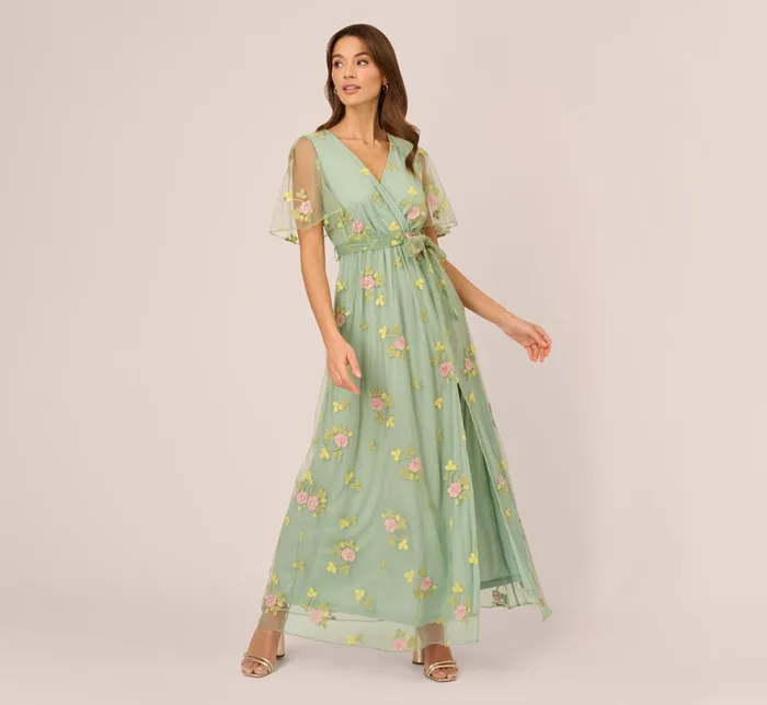 Adrianna Papell Day Dresses Floral Embroidered Maxi Dress With Sheer Flutter Sleeves In Sage Multi 8211 Women Adrianna Papell Day Dresses Floral Embroidered Maxi Dress With Sheer Flutter Sleeves In Sage Multi 8211 Women