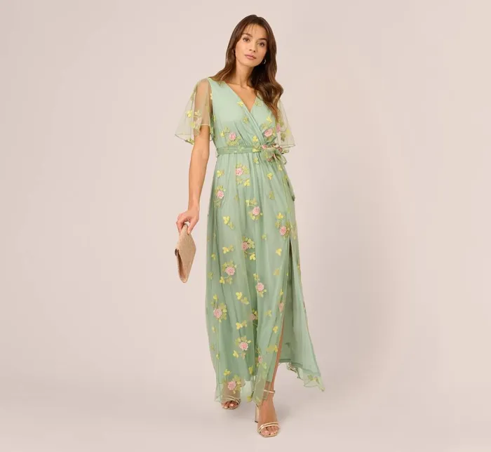 Adrianna Papell Day Dresses Floral Embroidered Maxi Dress With Sheer Flutter Sleeves In Sage Multi 8211 Women