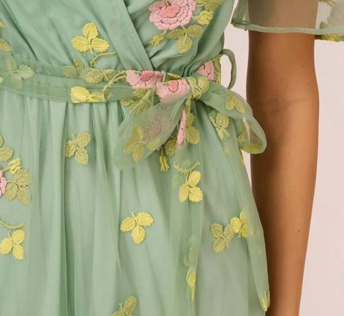 Adrianna Papell Day Dresses Floral Embroidered Maxi Dress With Sheer Flutter Sleeves In Sage Multi 8211 Women