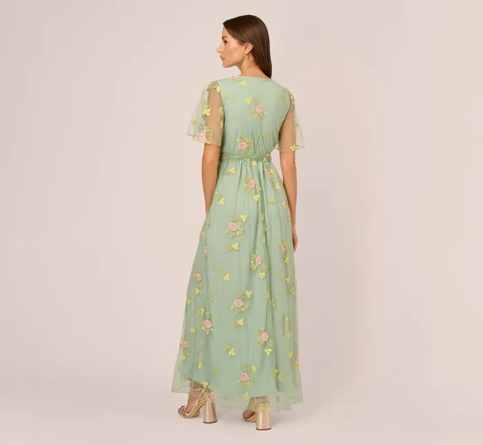 Adrianna Papell Day Dresses Floral Embroidered Maxi Dress With Sheer Flutter Sleeves In Sage Multi 8211 Women