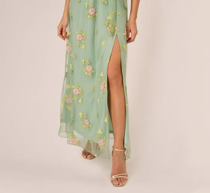 Adrianna Papell Day Dresses Floral Embroidered Maxi Dress With Sheer Flutter Sleeves In Sage Multi 8211 Women
