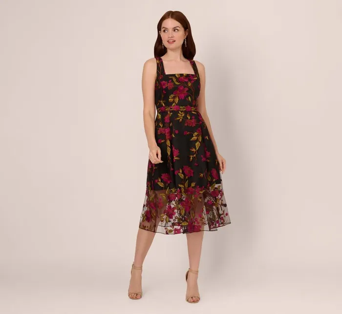 Adrianna Papell Day Dresses Floral Embroidered Midi Dress With Sheer Hem In Pink Black 8211 Women Adrianna Papell Day Dresses Floral Embroidered Midi Dress With Sheer Hem In Pink Black 8211 Women