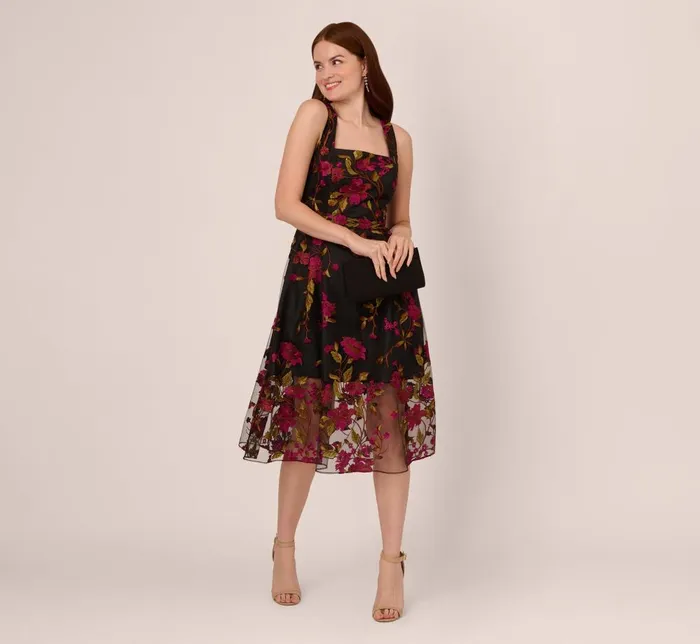 Adrianna Papell Day Dresses Floral Embroidered Midi Dress With Sheer Hem In Pink Black 8211 Women