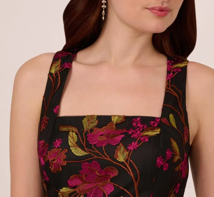 Adrianna Papell Day Dresses Floral Embroidered Midi Dress With Sheer Hem In Pink Black 8211 Women