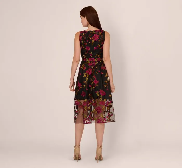 Adrianna Papell Day Dresses Floral Embroidered Midi Dress With Sheer Hem In Pink Black 8211 Women